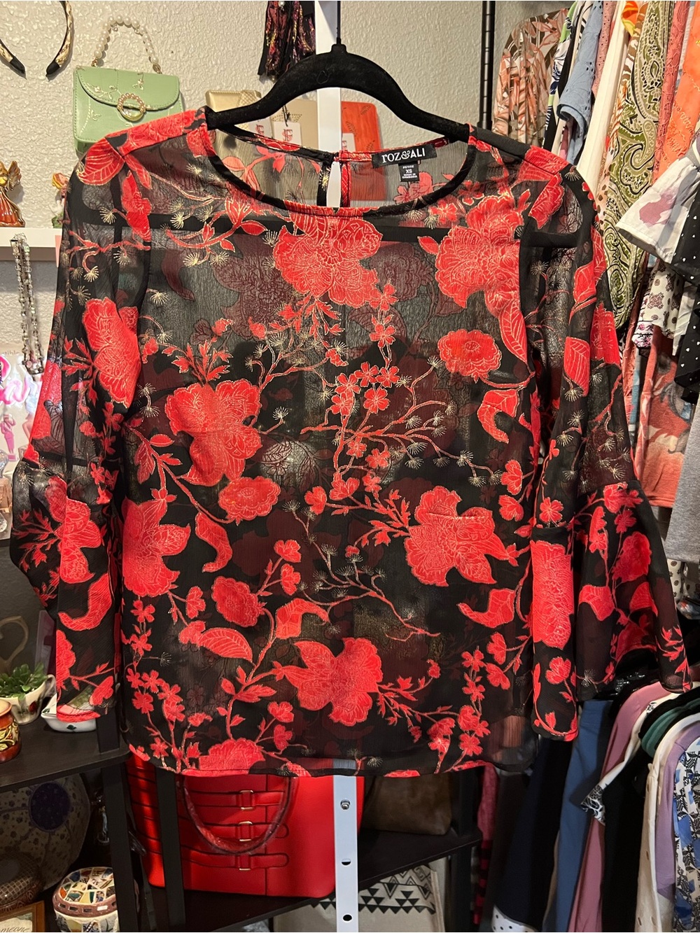 Roz & Ali Red Floral Sheer Blouse